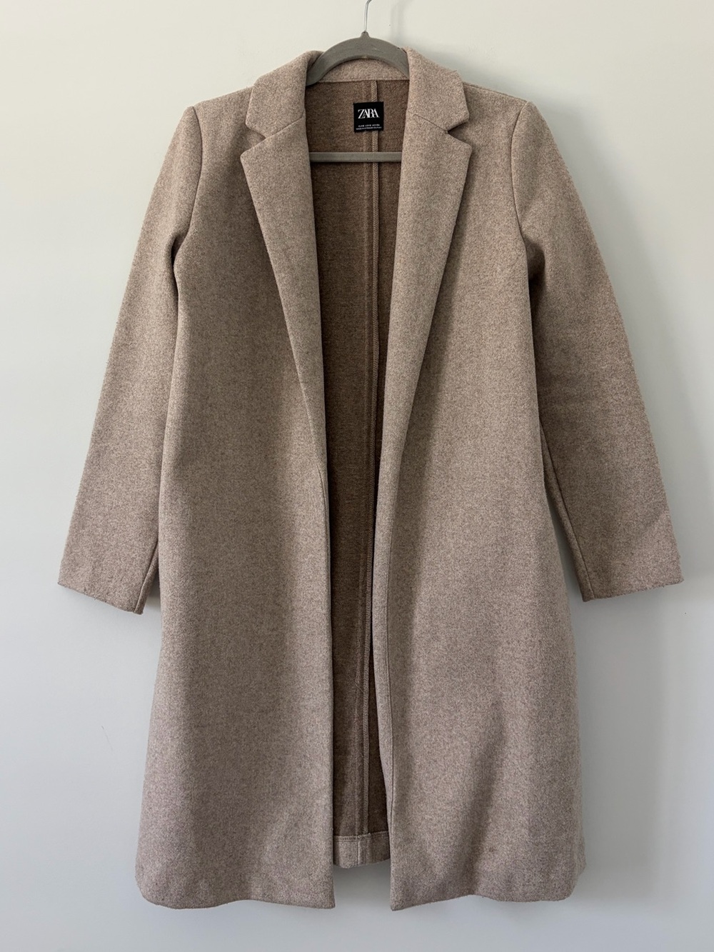 Zara Tan Beige Open Front Lapel Collar Long Coat Classic Neutral Minimalist S